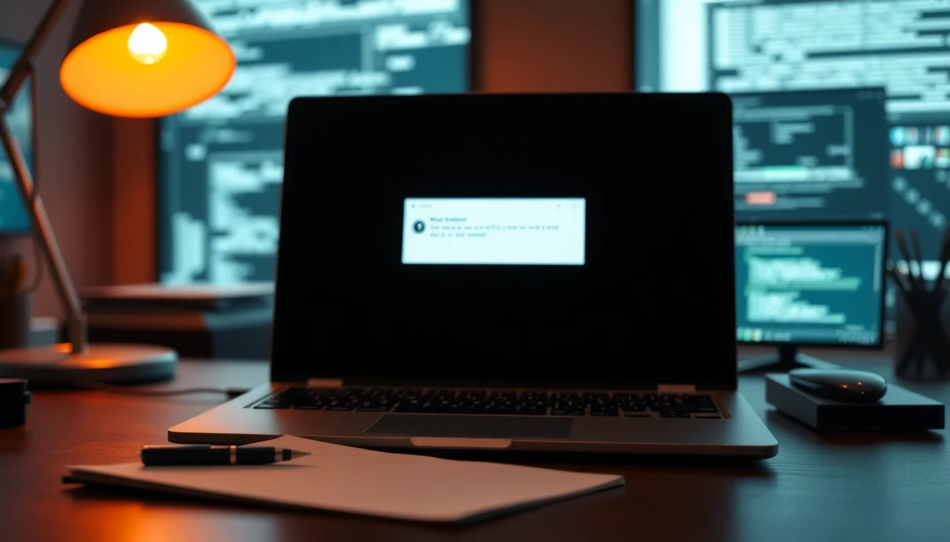 Laptop screen showing a generic error dialog box on a desk, with notepad and pen nearby for documenting the error message, soft office lighting