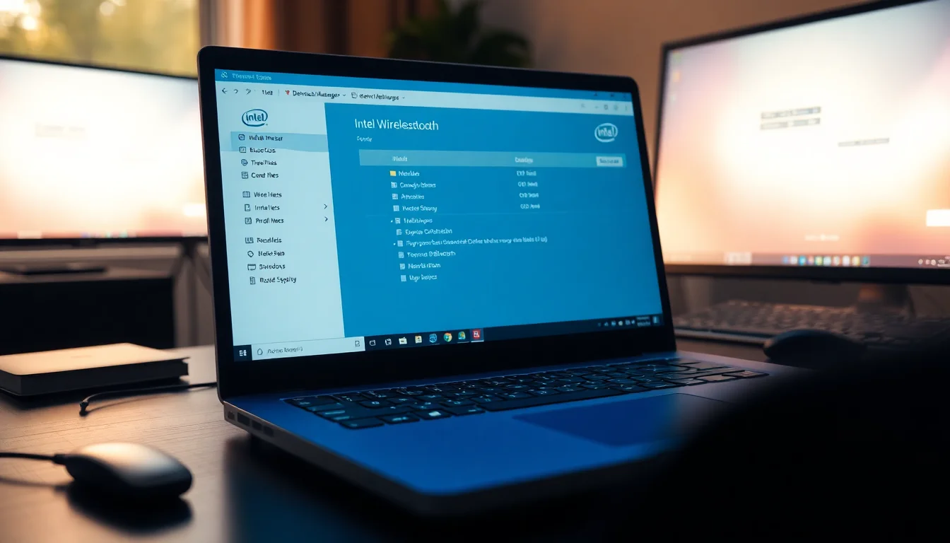 Windows 10 laptop with Device Manager window open showing Intel Wireless Bluetooth entry, warm desk lighting, focused troubleshooting atmosphere