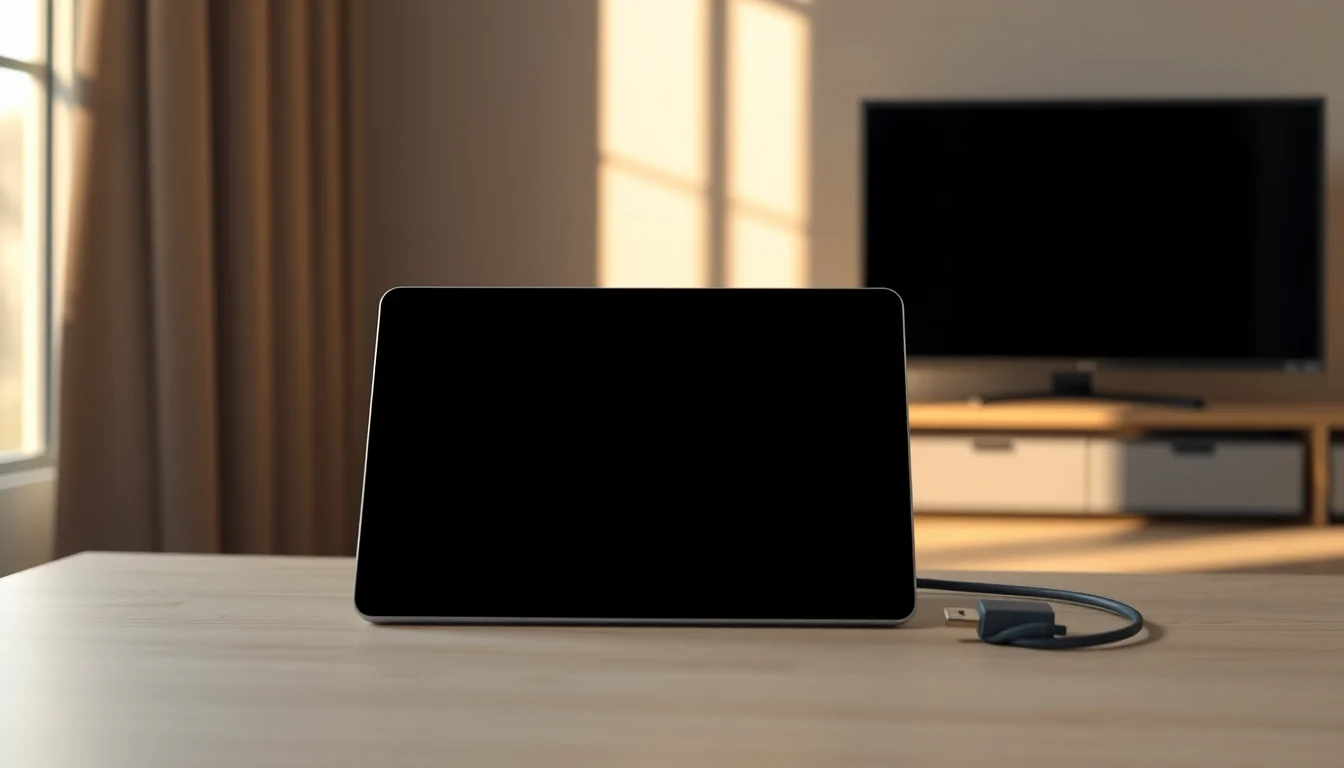 iPad with black screen on wooden desk next to Apple USB-C charger and cable, warm natural window lighting from left side, calm troubleshooting setup
