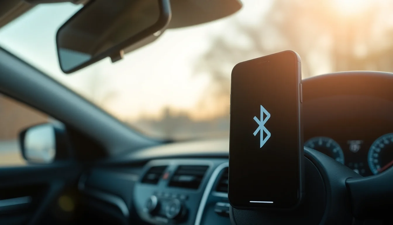 iPhone displaying Bluetooth connection icon with car stereo infotainment screen in background, warm sunlight through car window, calm professional atmosphere