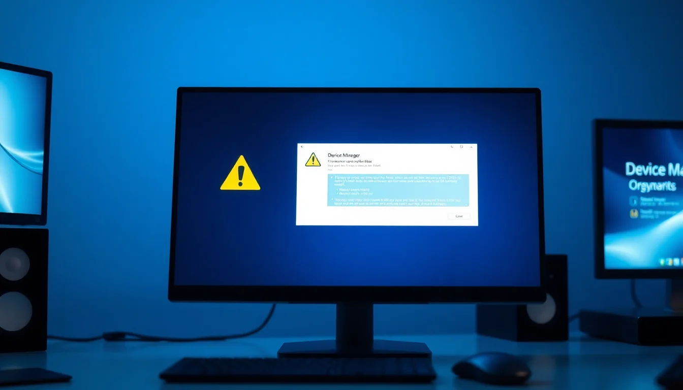 Windows Device Manager showing iPhone USB driver error with yellow warning icon on modern office desk setup, cool blue monitor light, professional focused atmosphere