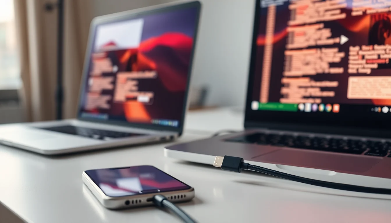 iPhone with USB cable connected to laptop on desk showing no charging indicator, clean modern workspace with warm lighting