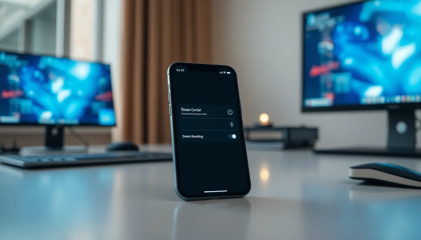 iPhone showing Control Center with Screen Recording toggle and microphone icon highlighted, modern minimalist design on light background