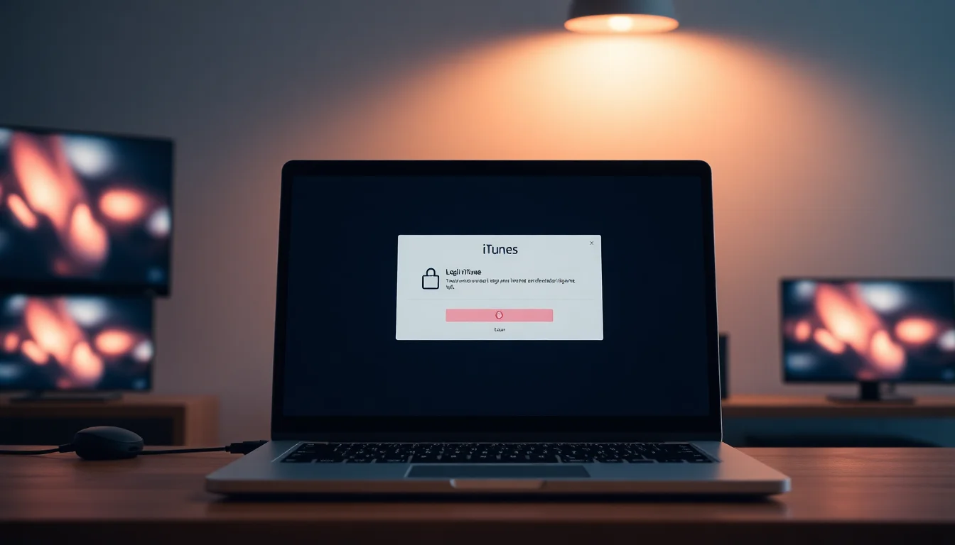 Windows 10 laptop showing iTunes login screen with error message, sitting on a clean desk with warm desk lamp lighting, professional focused atmosphere