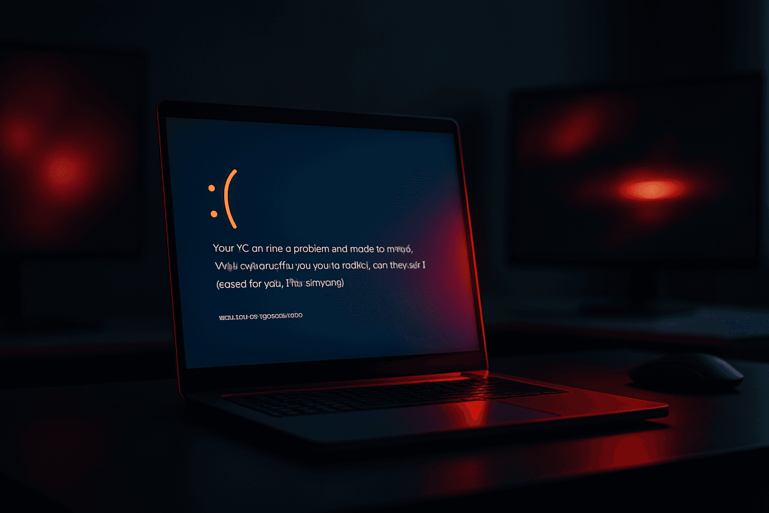 Windows 11 laptop displaying KMODE_EXCEPTION_NOT_HANDLED blue screen error on desk, red warning lighting, dramatic troubleshooting mood