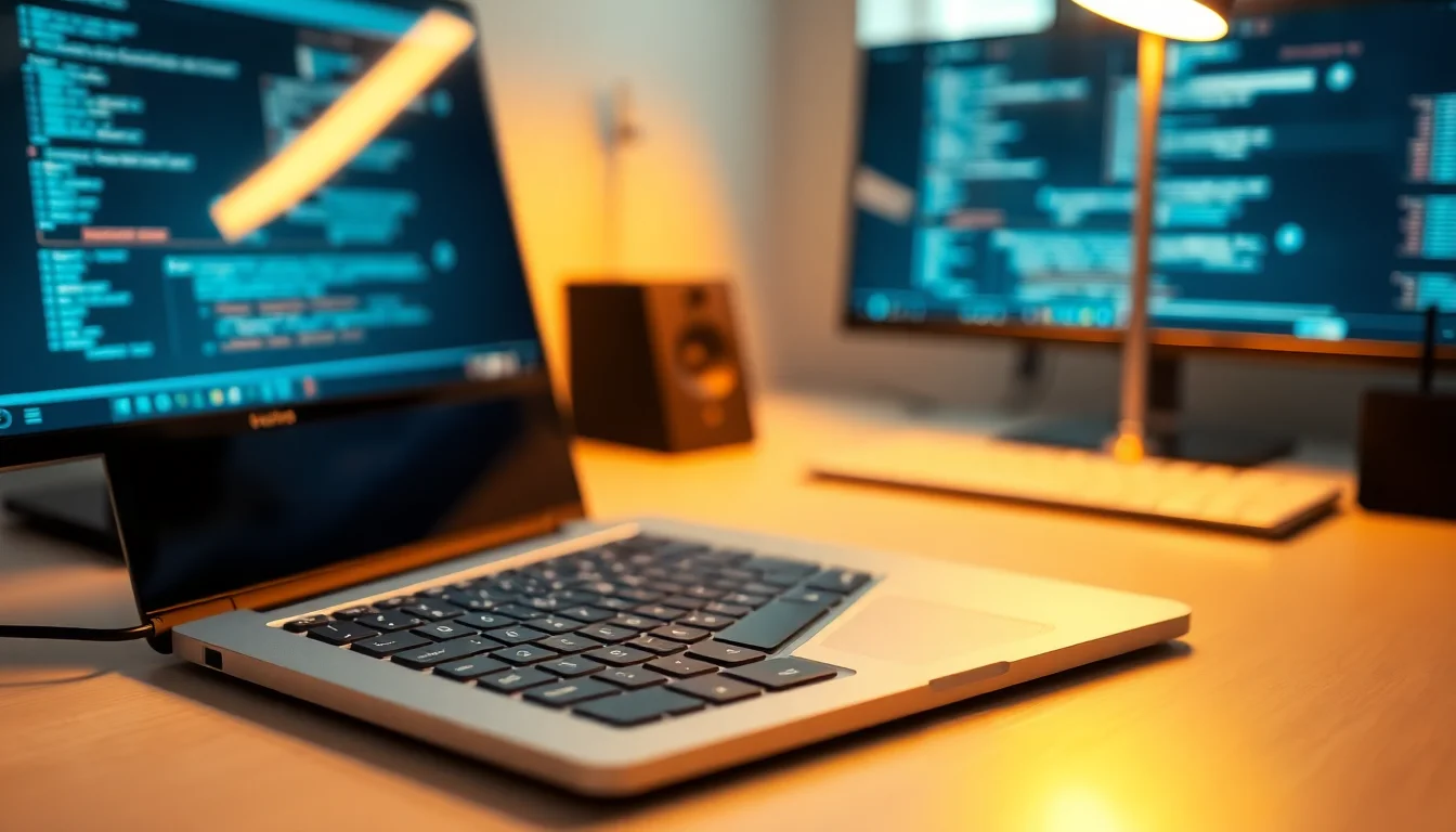 Close-up of a silver laptop keyboard on a clean desk with one key slightly raised, warm desk lamp lighting from the side, professional focused atmosphere