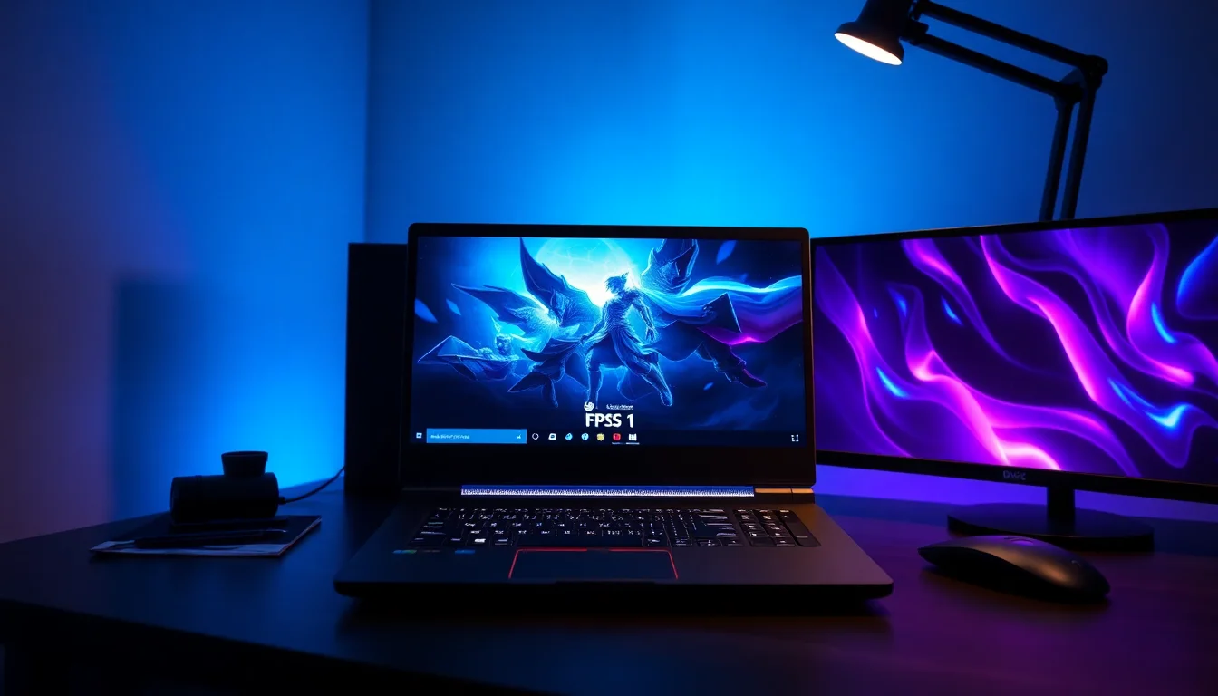 A gaming laptop on a desk displaying League of Legends with performance overlay showing frame rate drops after Windows 11 update, cool blue monitor glow with focused desk lighting, professional workspace atmosphere