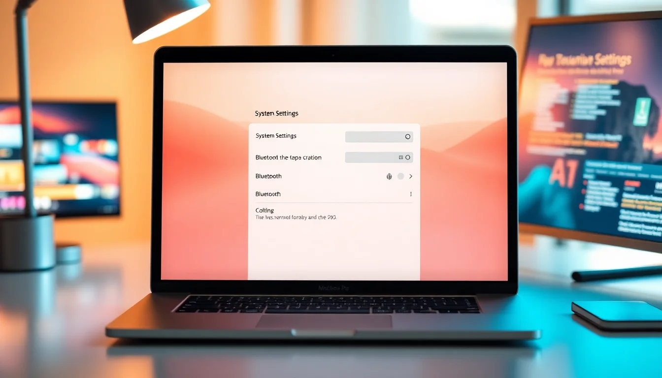 MacBook Pro on desk showing greyed out Bluetooth toggle in System Settings, soft warm lighting from desk lamp, focused professional atmosphere