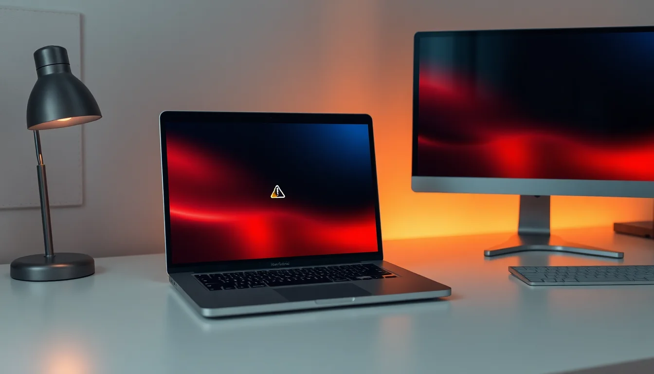 A MacBook Pro on a desk with kernel panic restart message on screen, warm desk lamp lighting from side, focused calm workspace atmosphere