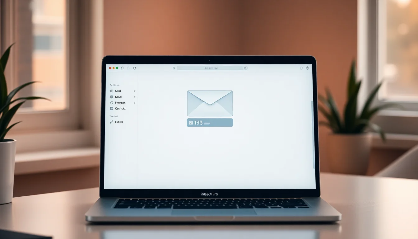 MacBook Pro showing Mac Mail app with attachment icon stuck on download screen, bright desk lighting with blurred background, focused professional atmosphere