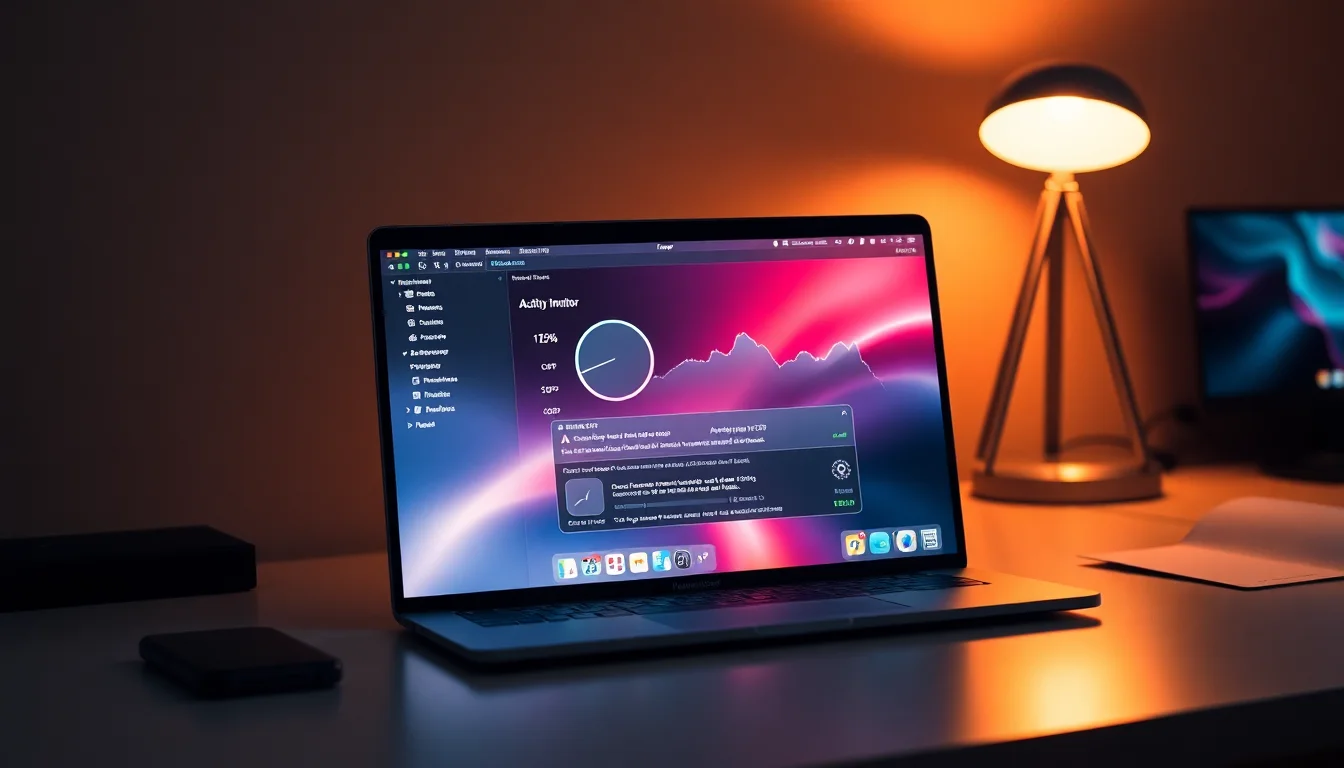 MacBook Pro on desk showing Activity Monitor with high CPU usage during macOS Ventura indexing process, warm desk lighting