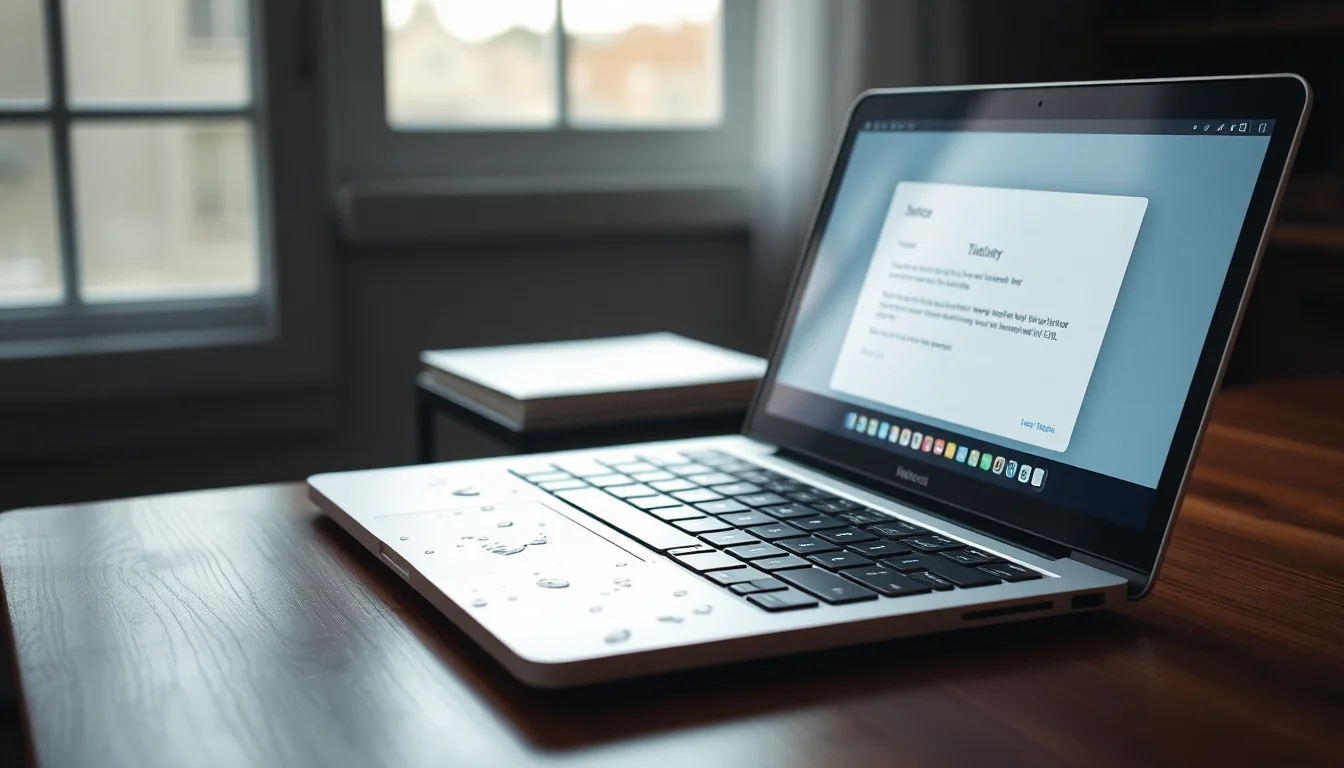 Silver MacBook open on a wooden desk with water droplets visible on the keyboard in soft natural window light