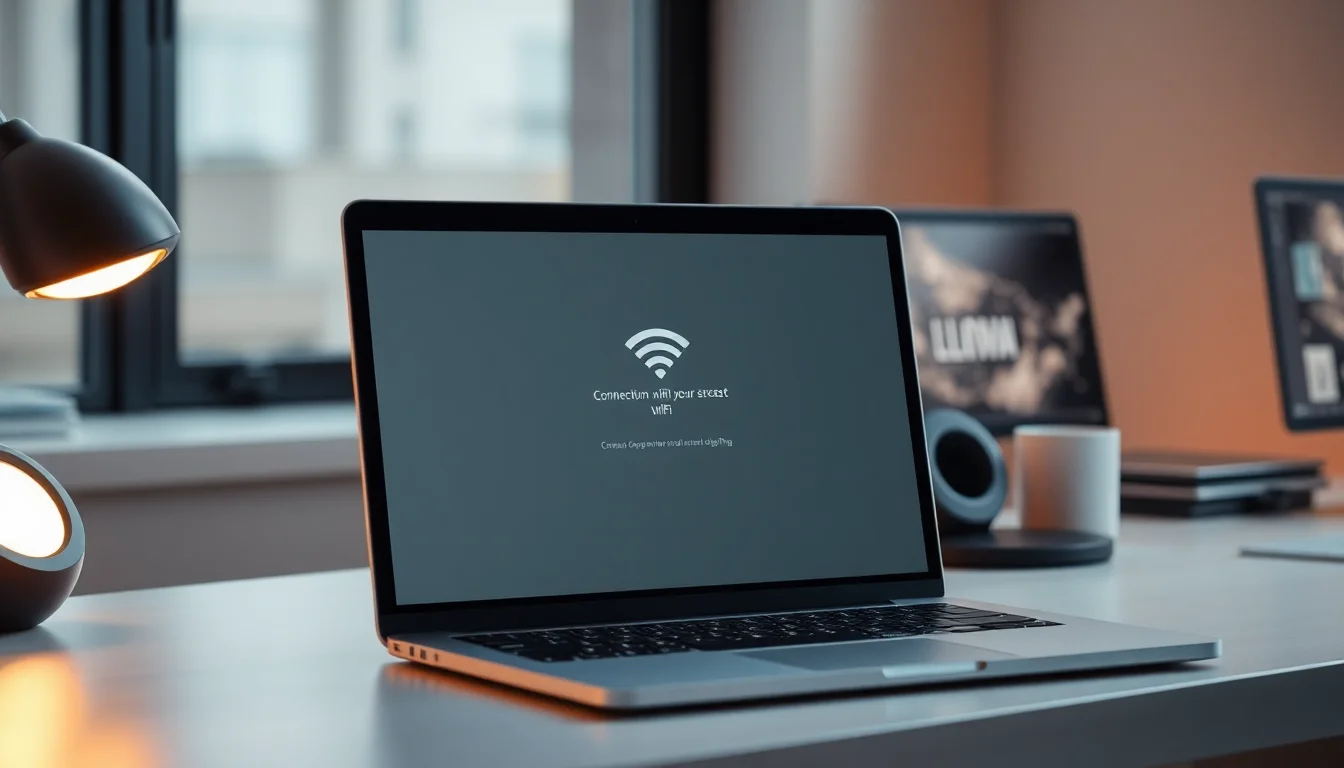 MacBook Pro on clean desk displaying WiFi symbol with error notification, side-lit by warm window light, modern office environment with focused lighting