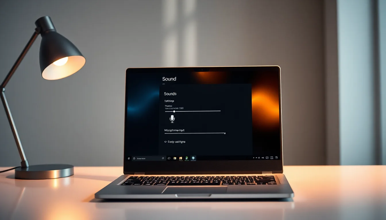 Windows 10 laptop on desk showing Sound settings panel with microphone input levels being adjusted, warm desk lamp lighting from side, focused professional atmosphere