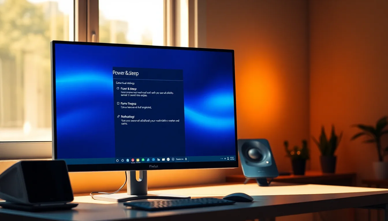 Desktop monitor on modern desk with Windows 10 display settings panel visible, showing power and sleep configuration options with warm ambient lighting