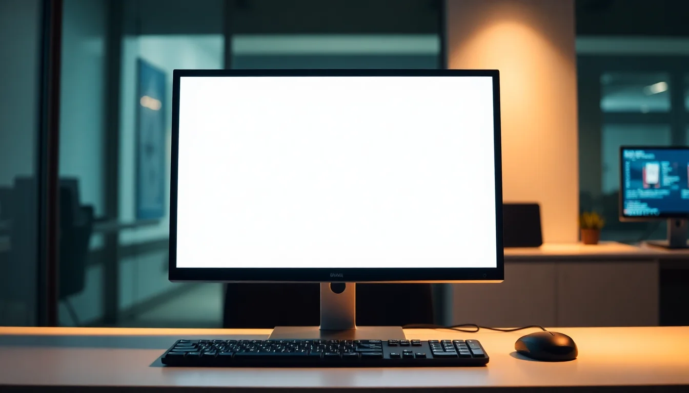 A desktop monitor displaying a completely white screen on a clean modern office desk under soft directional lighting