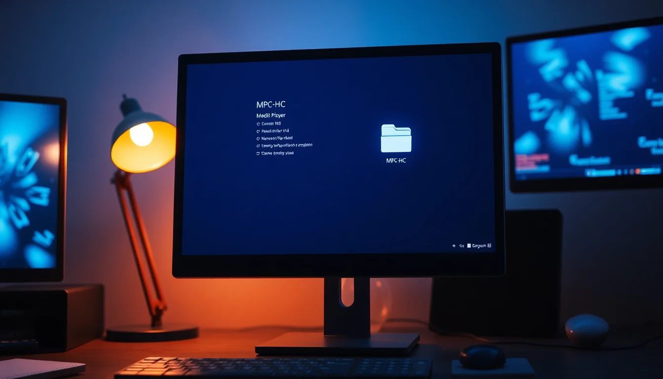 Windows desktop showing MPC-HC media player crash error with missing MP4 file icon in File Explorer on a dark office desk