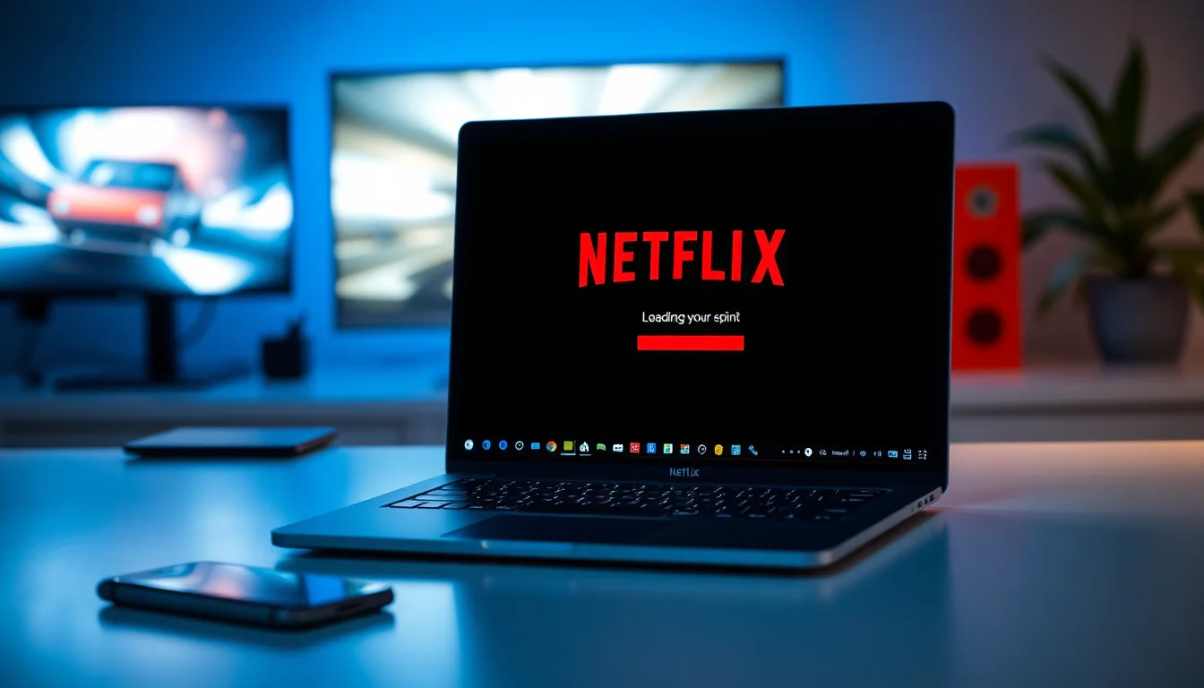 Windows 10 laptop on desk with Netflix app showing loading spinner and error message, soft blue screen glow, professional workspace setting