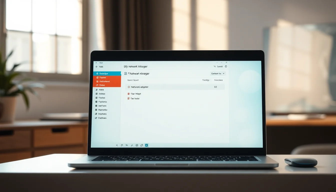 Windows 11 laptop on a desk showing Device Manager with empty network adapter section, blue Windows 11 start menu visible, daylight streaming from window creating calm workspace atmosphere.