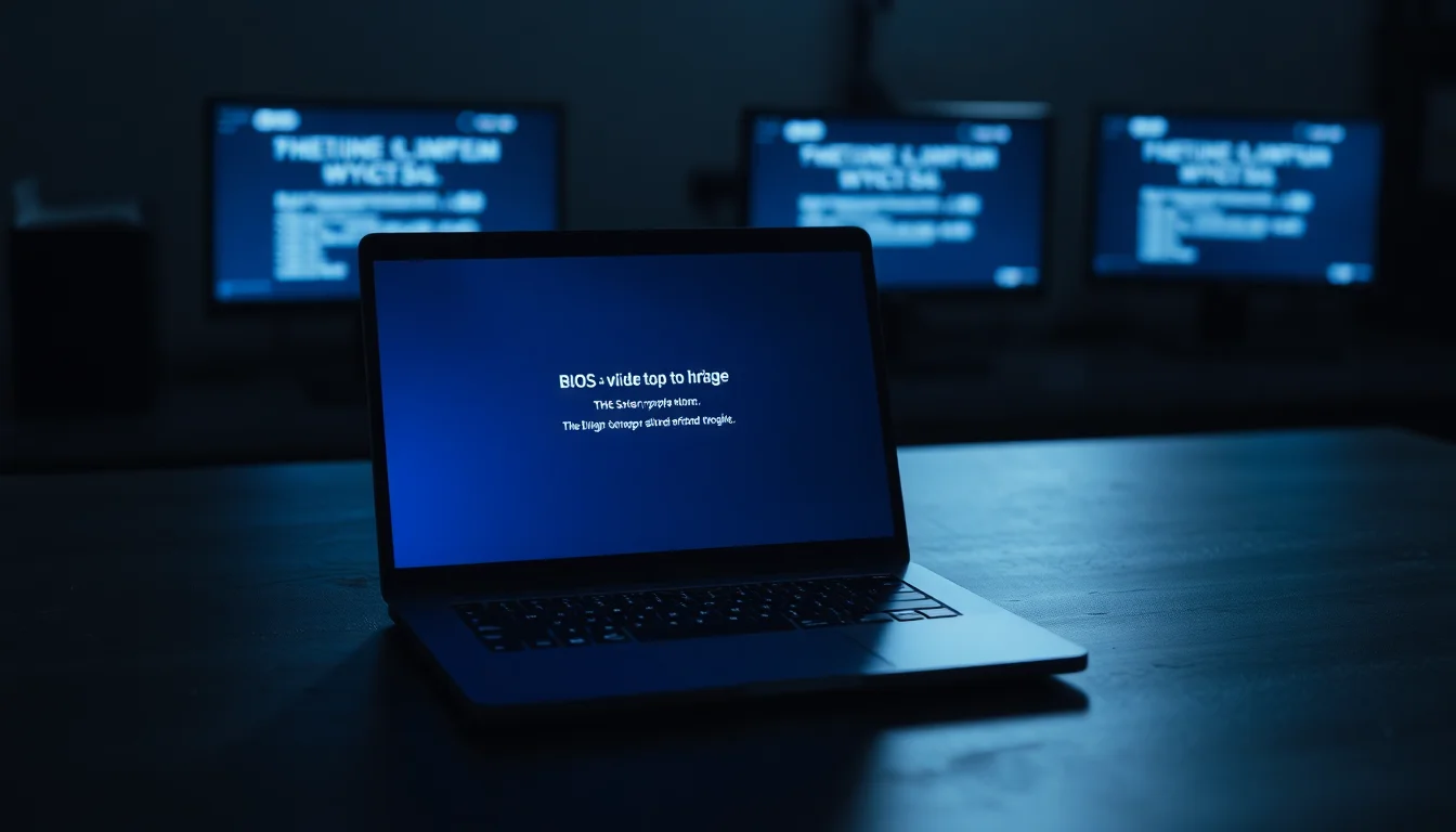 A black laptop on a dark desk displaying a No Bootable Devices Found error message on a blue screen