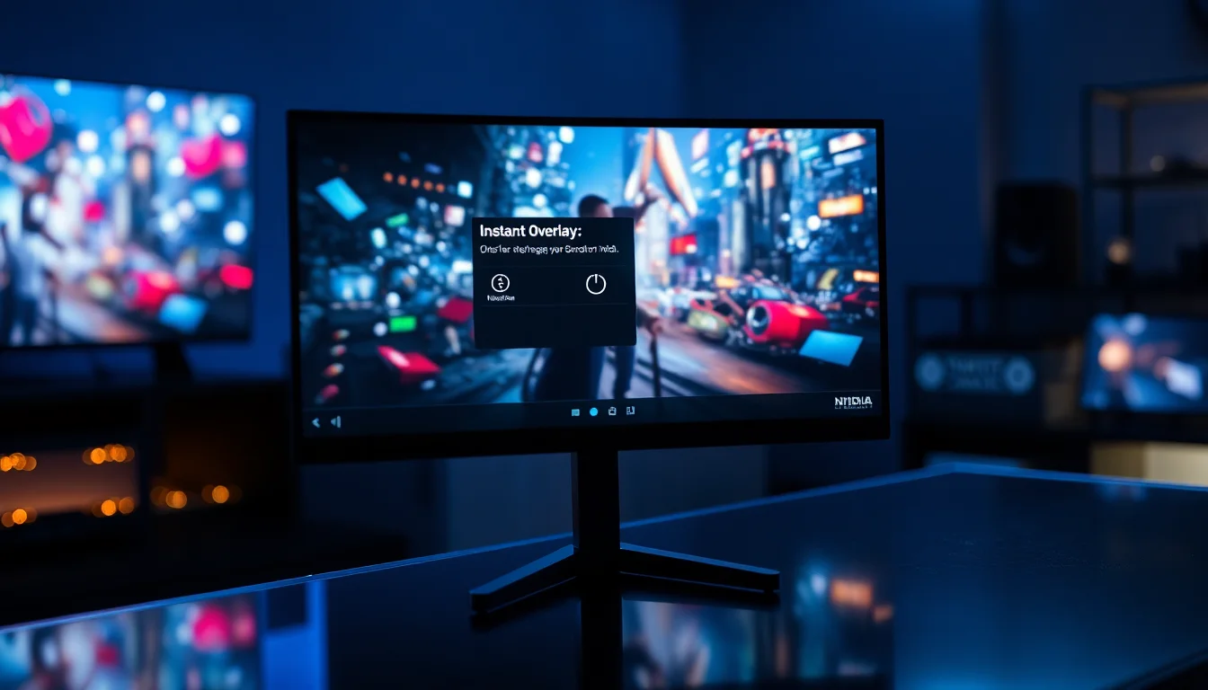 A gaming PC monitor on a dark desk displaying the NVIDIA overlay interface with Instant Replay controls visible and a game running in the background