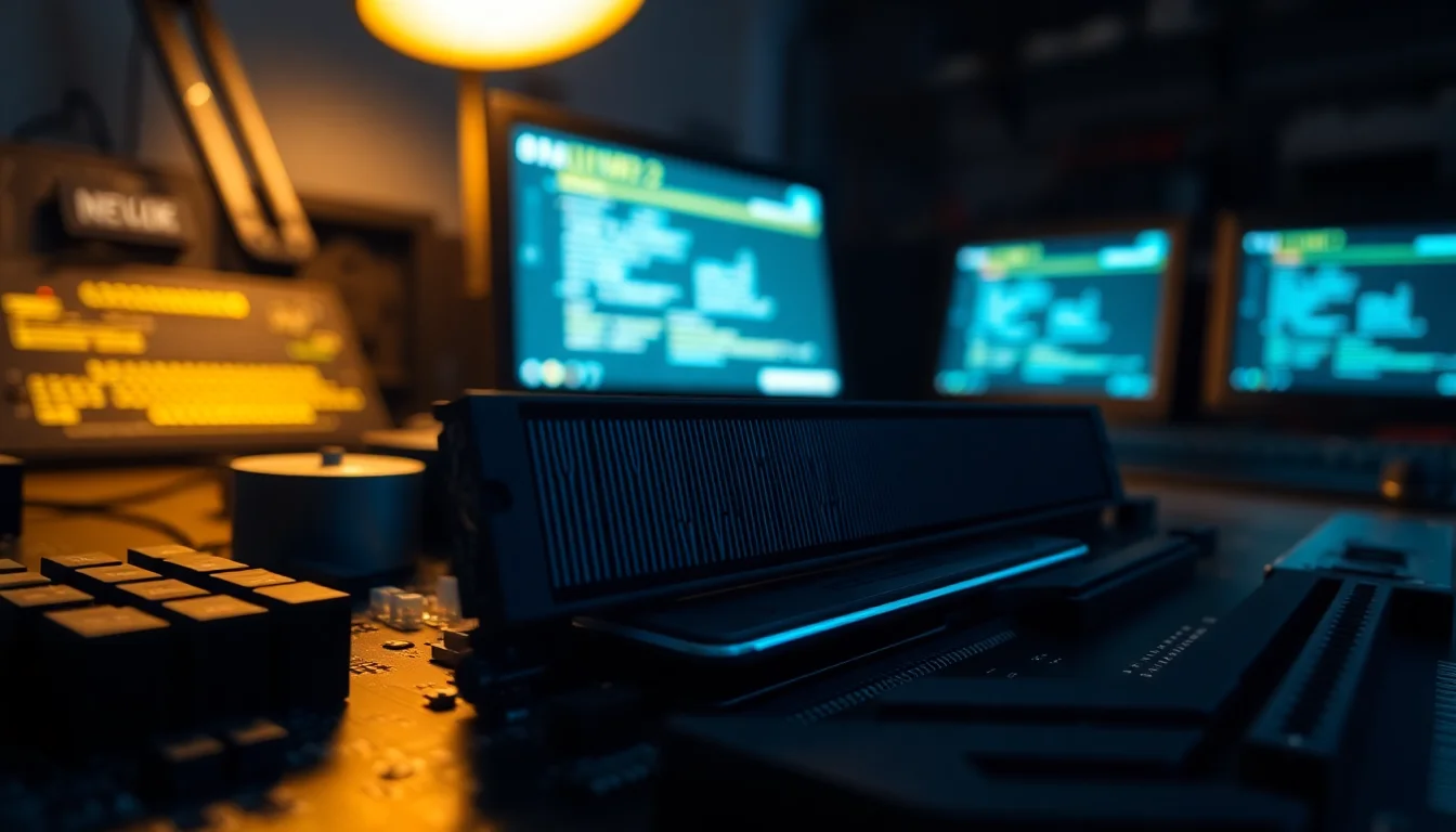 An NVMe M.2 SSD seated in a motherboard M.2 slot on a dark workbench with blue diagnostic lighting