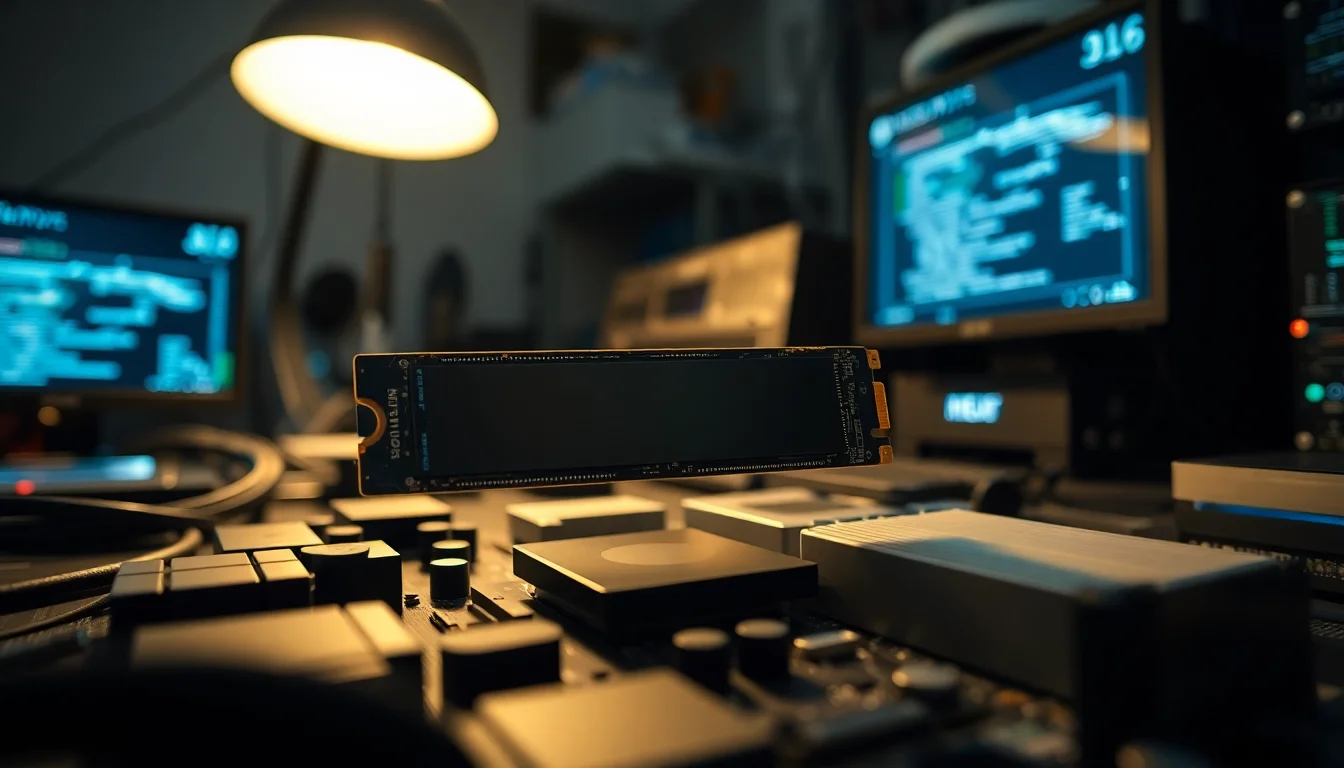 Close-up of an M.2 NVMe SSD being inserted into a motherboard slot, modern tech workbench with soft overhead lighting, calm focused atmosphere