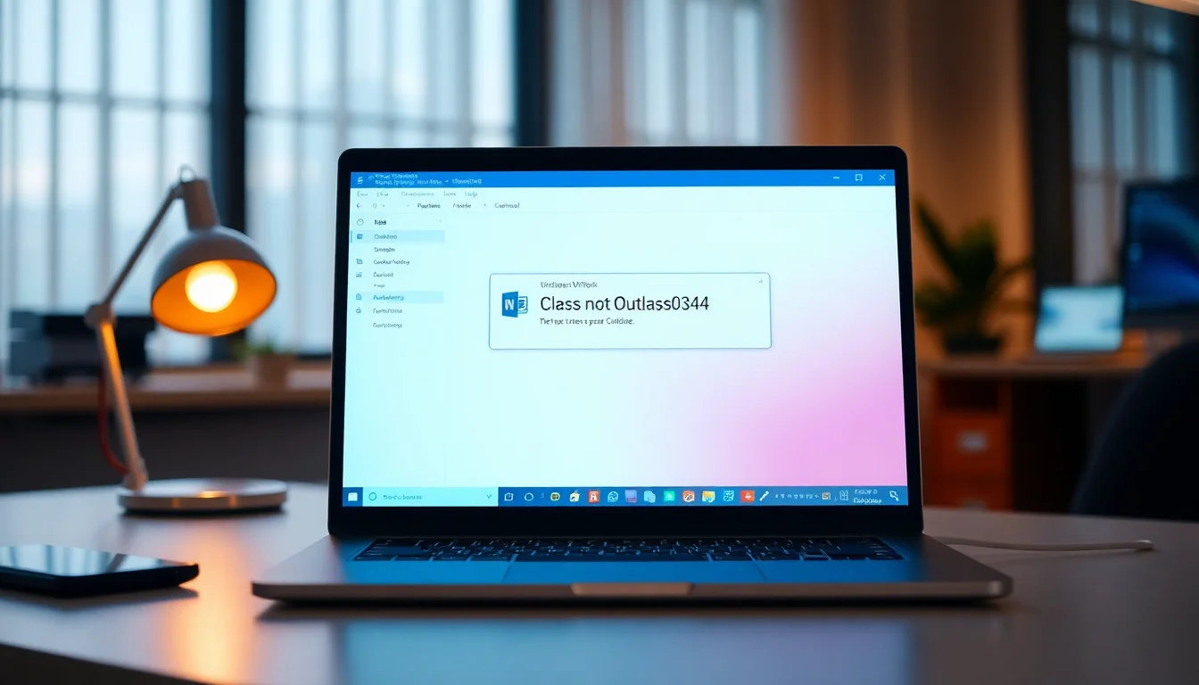 Windows 11 laptop on office desk displaying Outlook error 0x80040154 class not registered message in error dialog box, warm desk lamp lighting from side, focused professional atmosphere
