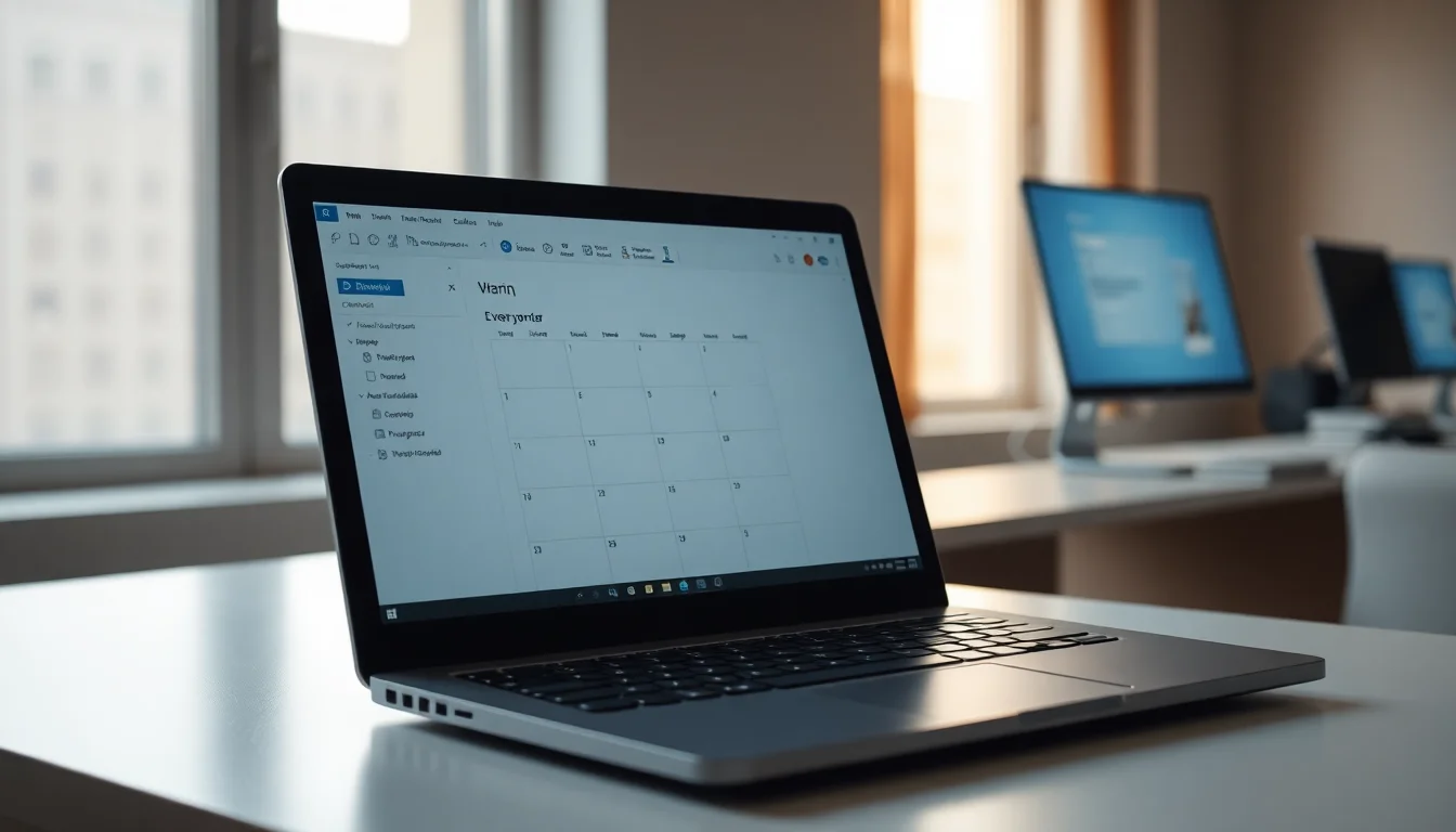 Windows laptop showing Outlook calendar with missing appointment notification, warm desk lighting, professional focused atmosphere