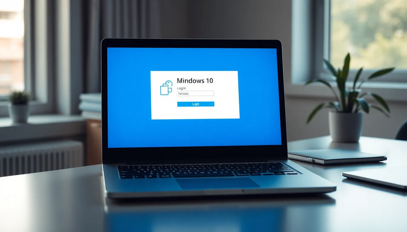 A Windows 10 desktop displaying the Outlook sign-in dialog box repeatedly prompting for email credentials, with notification icons visible, on a clean workspace desk with natural side lighting.