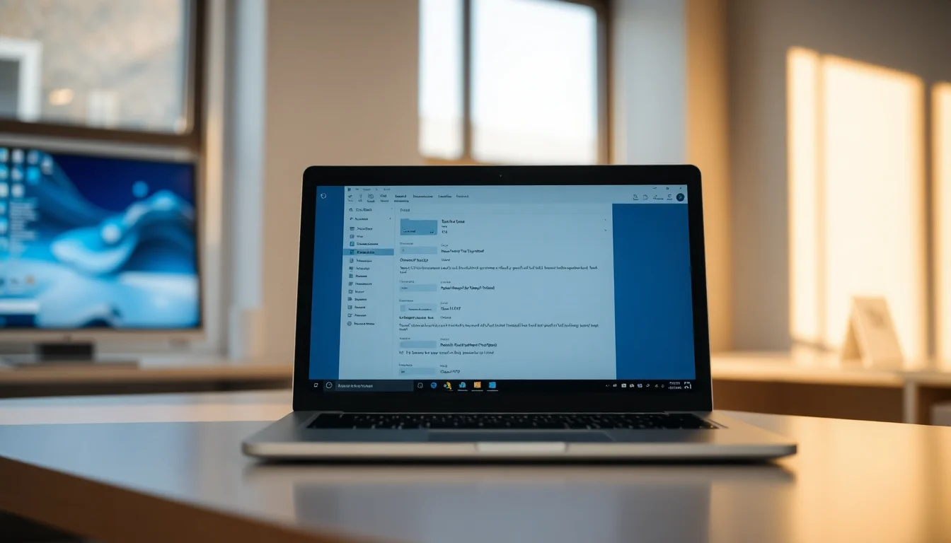 Windows laptop showing Outlook inbox with Rules and Alerts dialog open, desk with coffee cup, warm desk lamp lighting, focused professional atmosphere