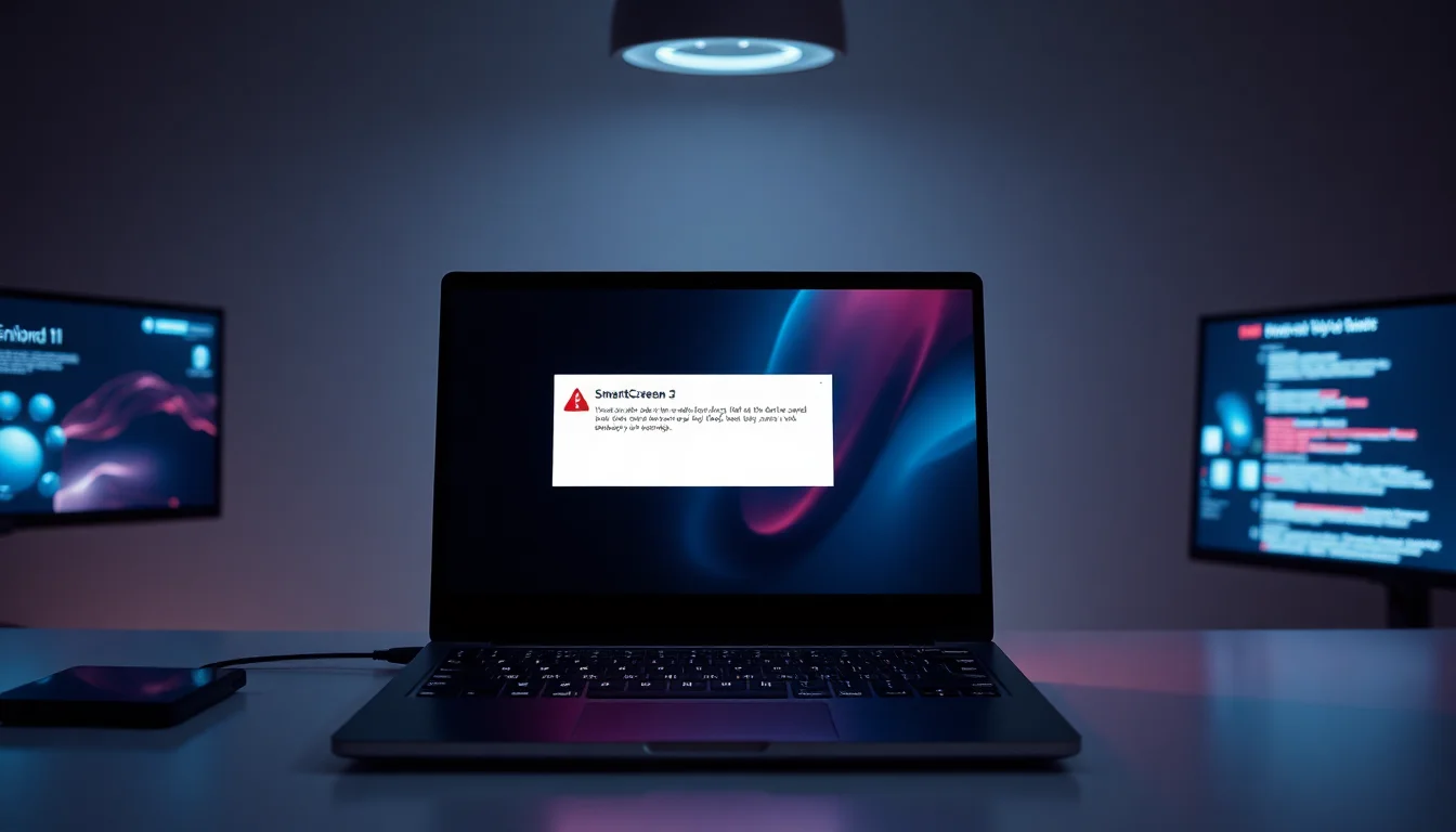 Windows 11 laptop on a desk showing a PDF editor launch error dialog with a SmartScreen warning on screen