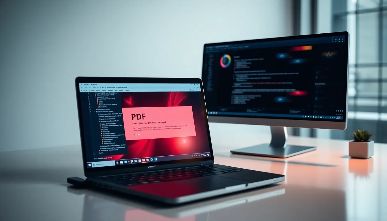 Windows 11 laptop on a desk showing a PDF editor application with a crash error dialog on screen