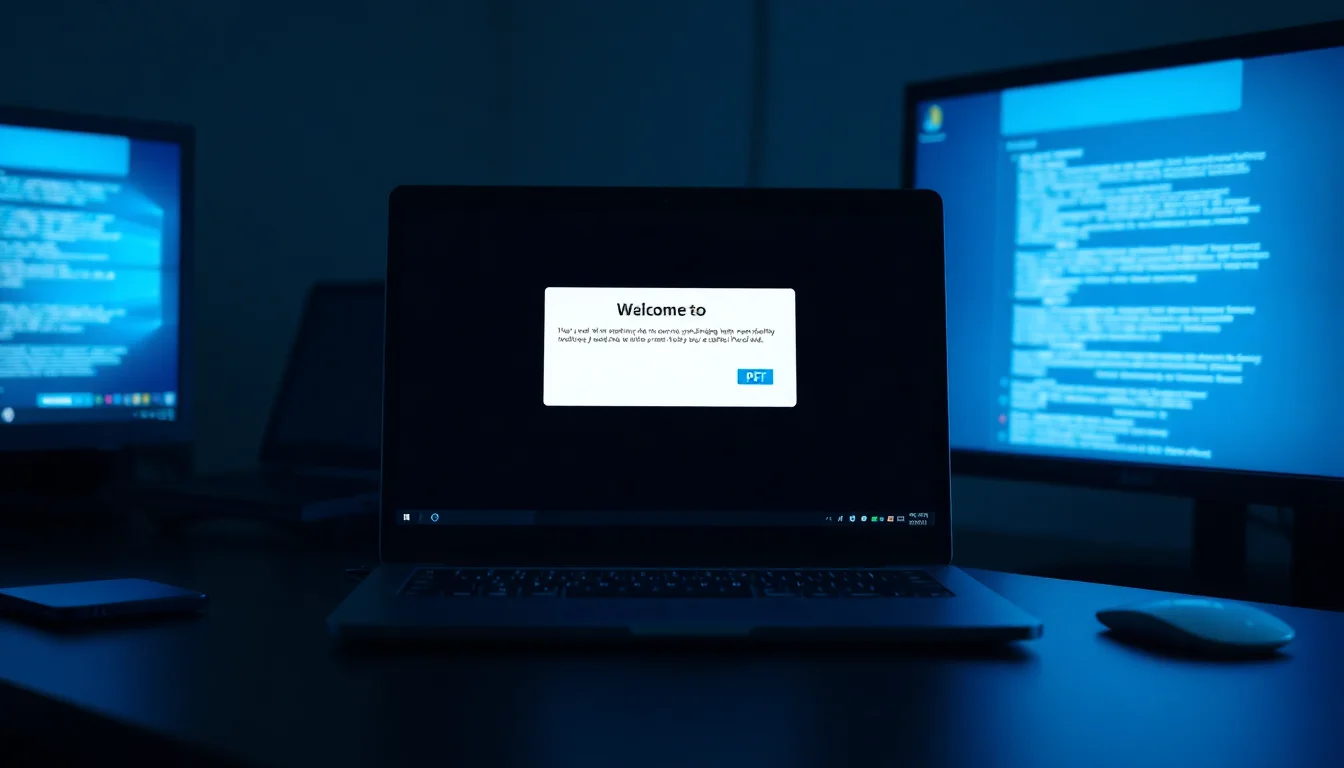 Windows laptop on a dark office desk showing a PDF export dialog with incorrect welcome banner content visible on screen