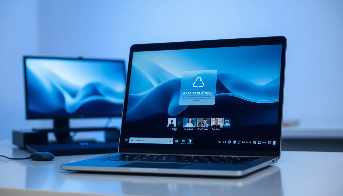 Windows 11 desktop showing Photos app icon with red error indicator, minimalist modern office setup with subtle blue ambient lighting, focused professional atmosphere