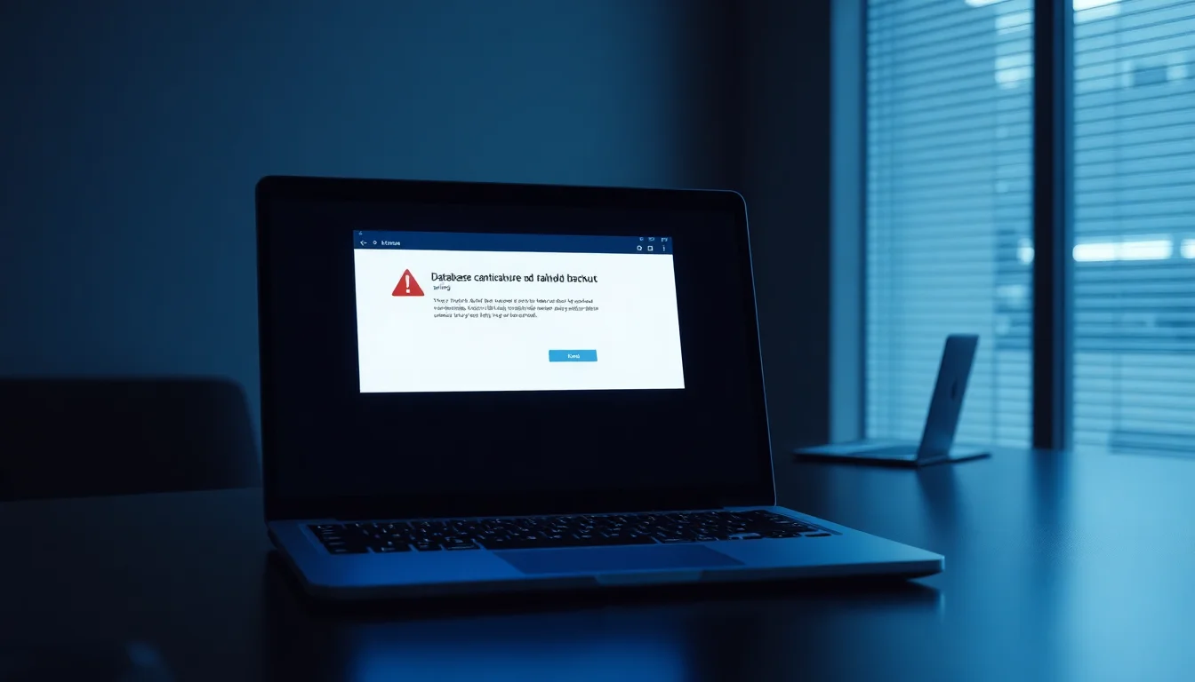Windows laptop on a dark desk showing a database backup error dialog in PortaBase 1.14 with a failed restore warning on screen