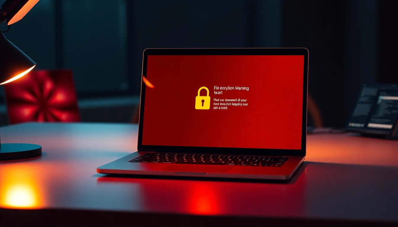 Windows 11 desktop showing encrypted file warning message and padlock icon overlay on locked documents folder in modern home office setting