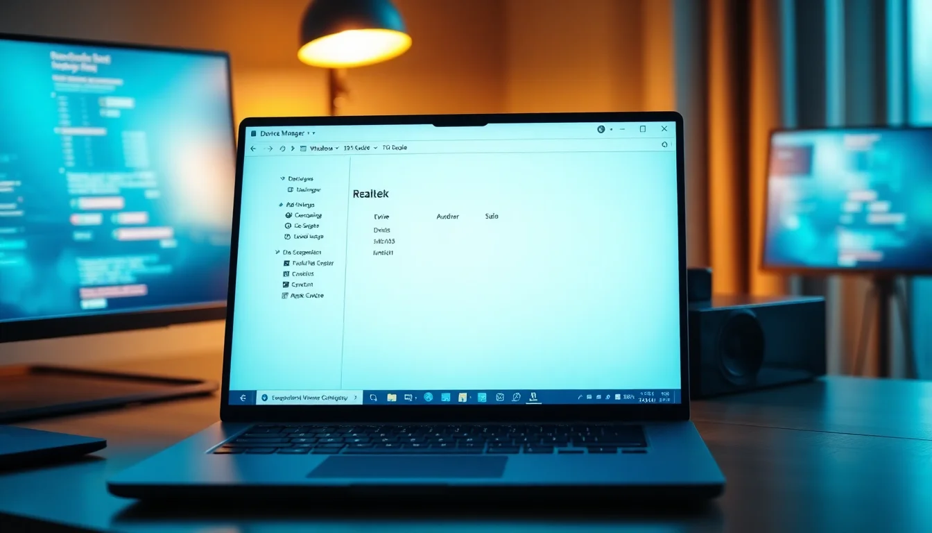 Windows 11 laptop on a desk displaying Device Manager with Realtek audio driver highlighted in red, warm desk lamp lighting, professional troubleshooting atmosphere
