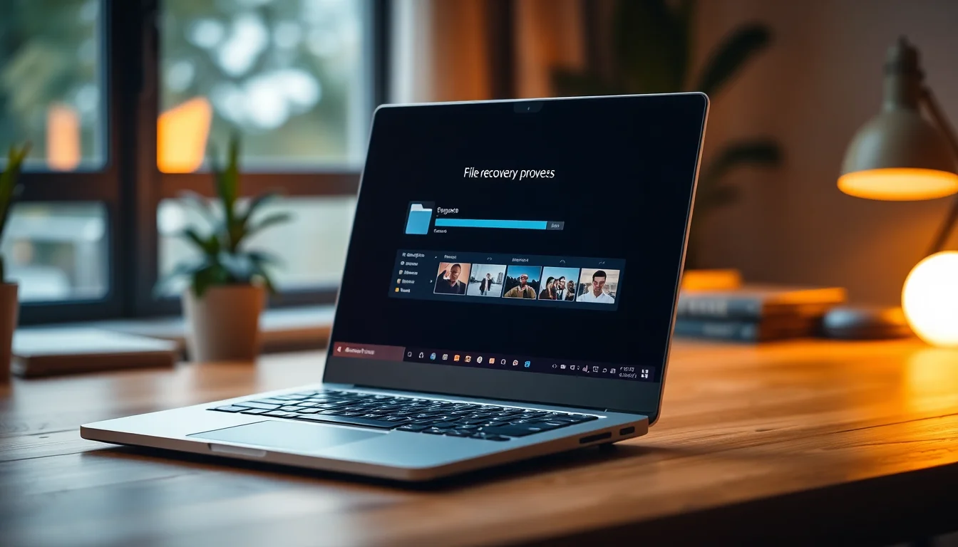 A Windows 11 laptop on a wooden desk showing a file recovery progress screen with thumbnail images being restored from a dark drive