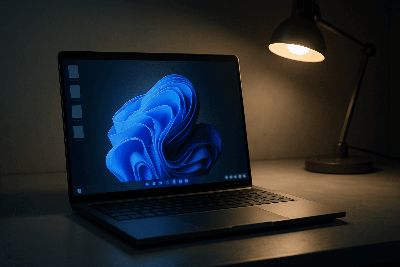 Windows 11 desktop on a modern laptop showing missing shortcut icons with a blank grey desktop background
