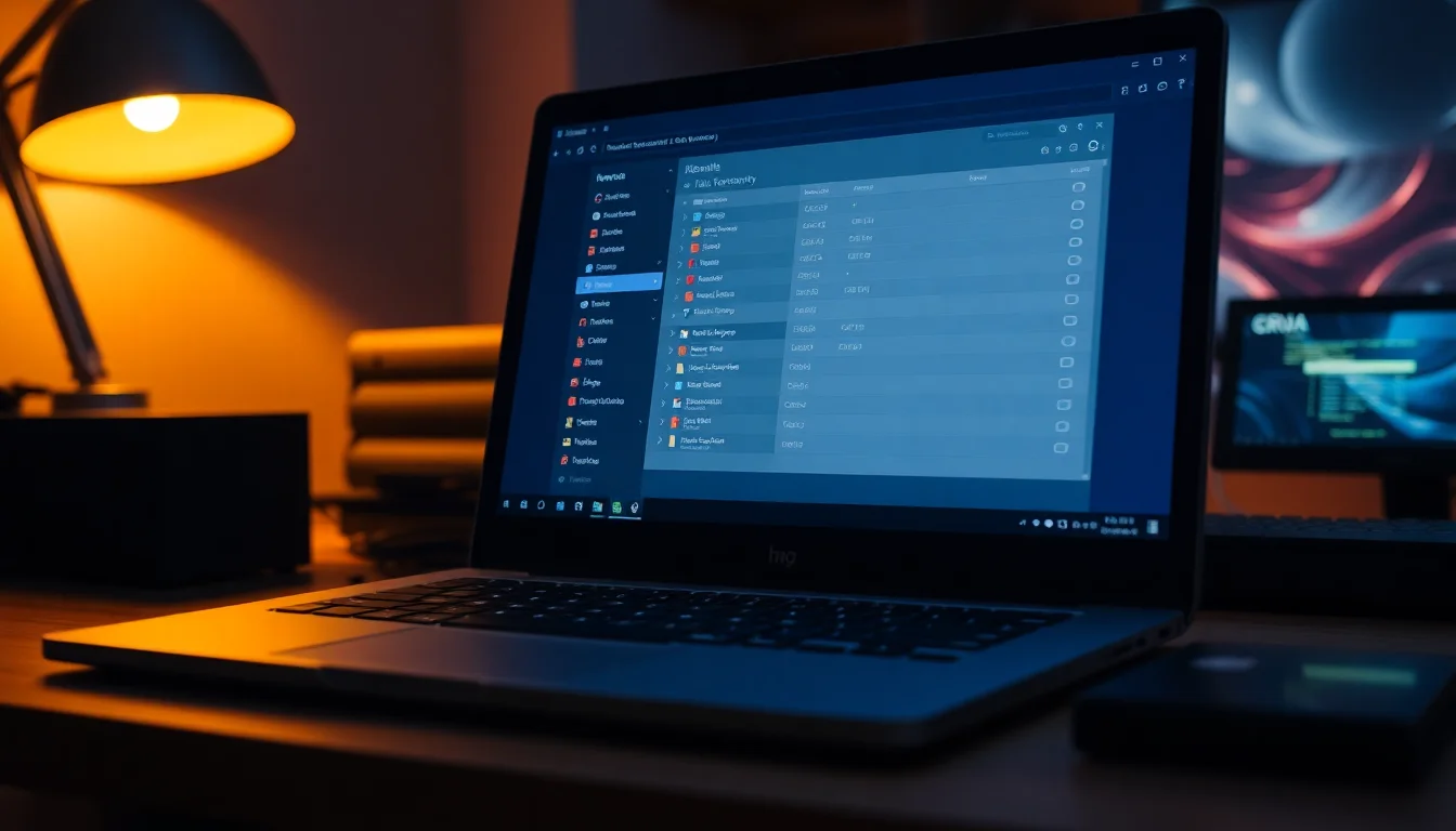 A laptop screen displaying Recuva file recovery software with scan results on a clean desk, warm desk lamp lighting from left side, focused professional atmosphere