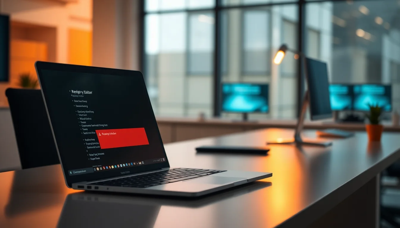 Windows 11 laptop on desk showing Registry Editor icon with error, frustrated user at keyboard, warm office lighting, focused determined mood