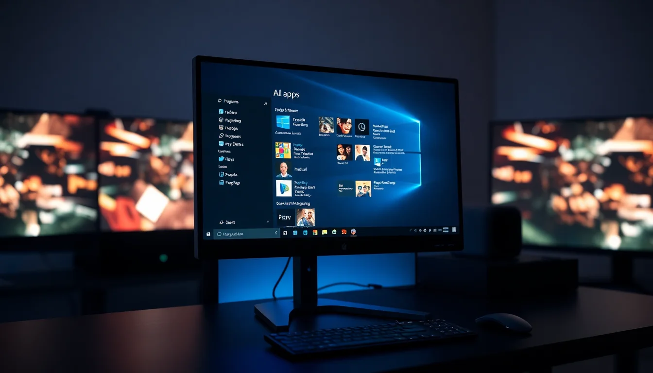 Windows 11 25H2 Start menu showing All apps list with Programs section highlighted, modern desktop setup with dual monitors, cool blue system lighting, clean professional atmosphere