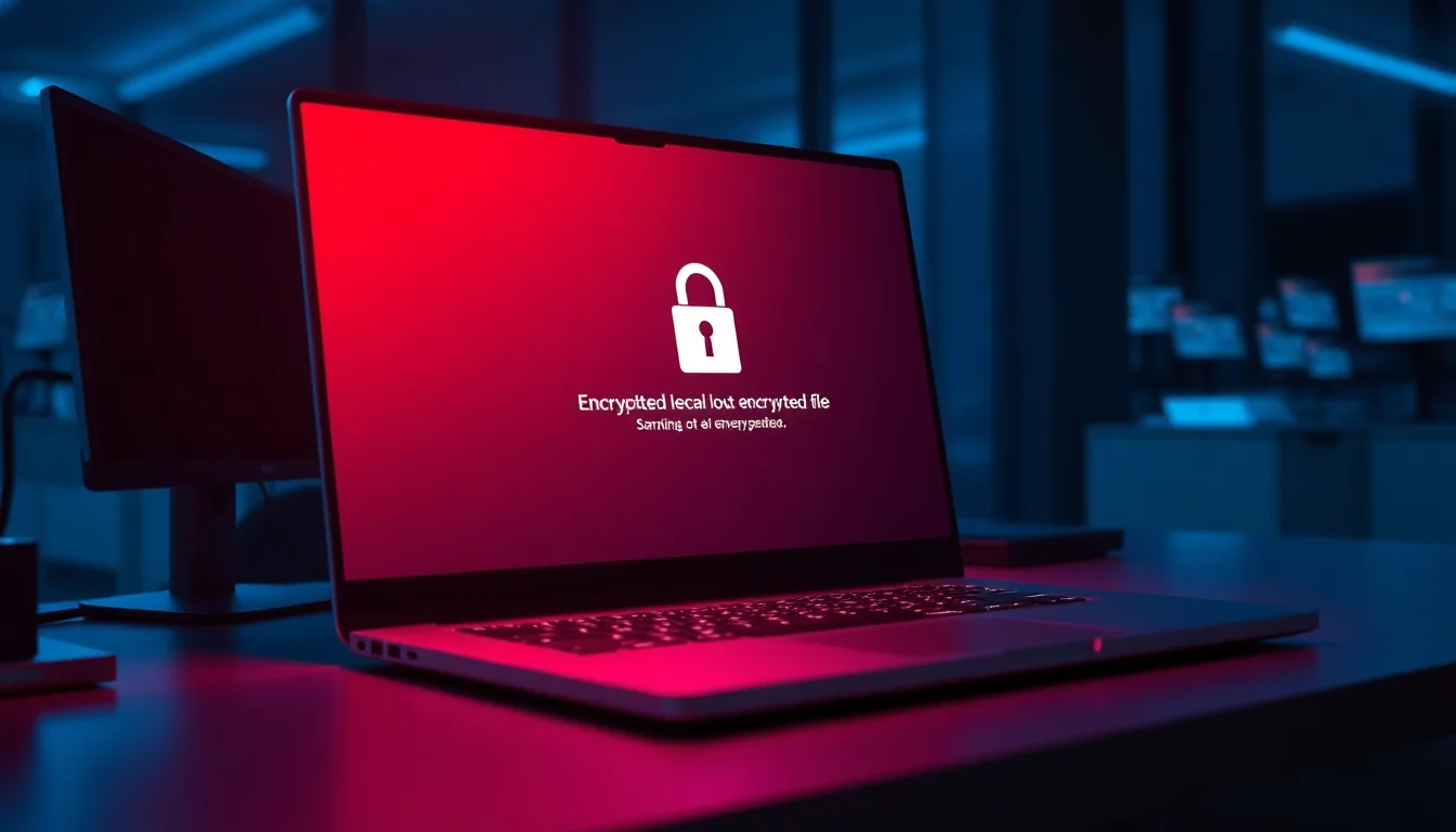 Windows 11 laptop on office desk displaying ransomware lock screen with red padlock and encrypted file warning message, harsh red emergency lighting casting shadows, dramatic urgent atmosphere