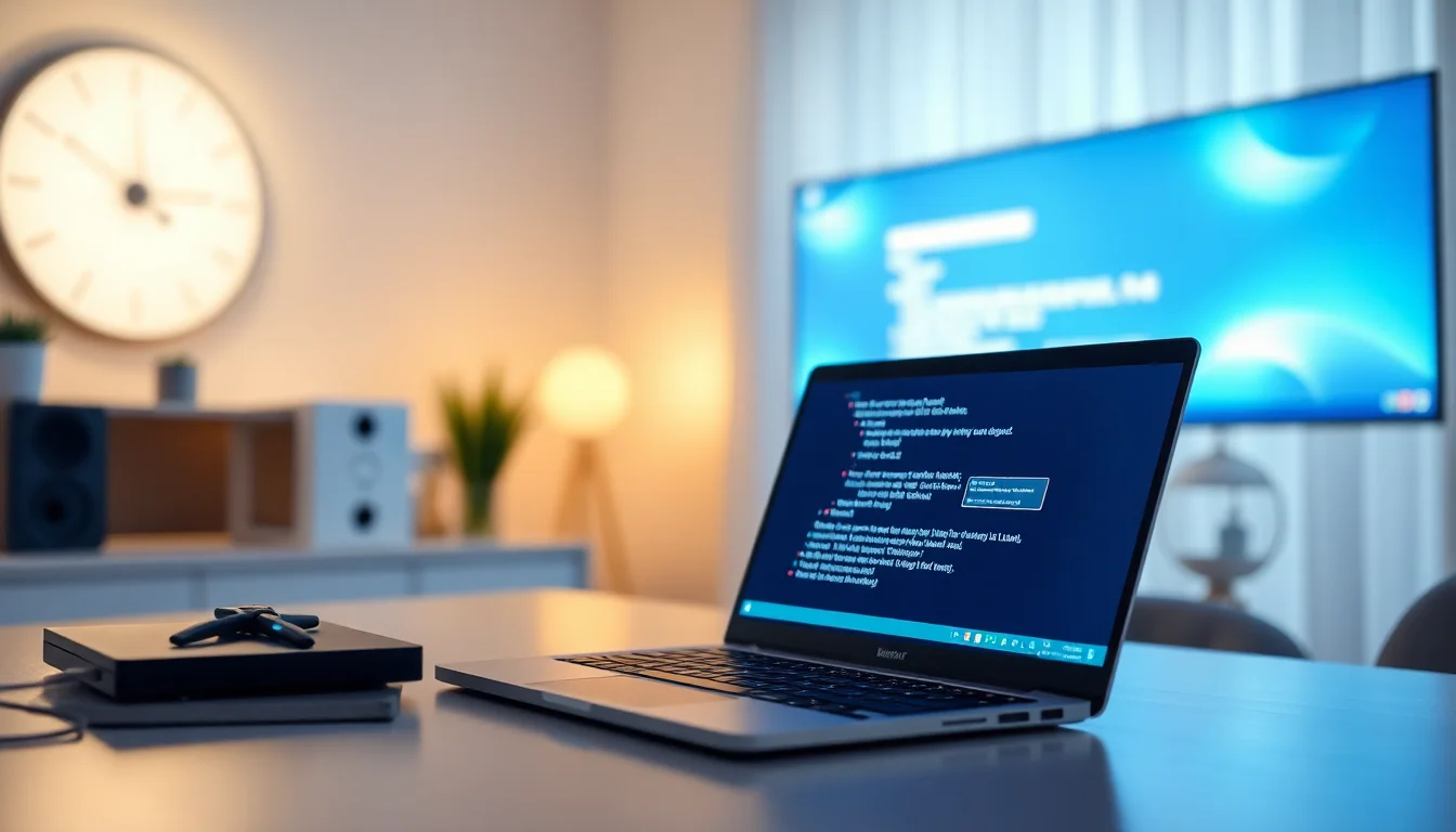 A Windows 11 laptop displaying ransomware encryption warning on screen with warning symbol and lock icon, sitting on dark desk with red alert lighting casting dramatic shadows, tense urgent atmosphere