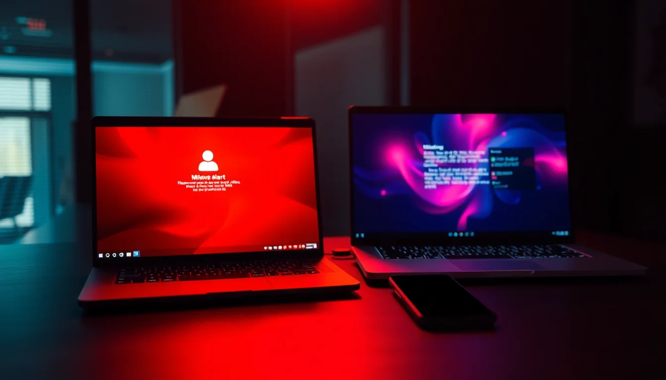 A Windows laptop showing malware warning next to an Android phone on a dark office desk with red screen glow