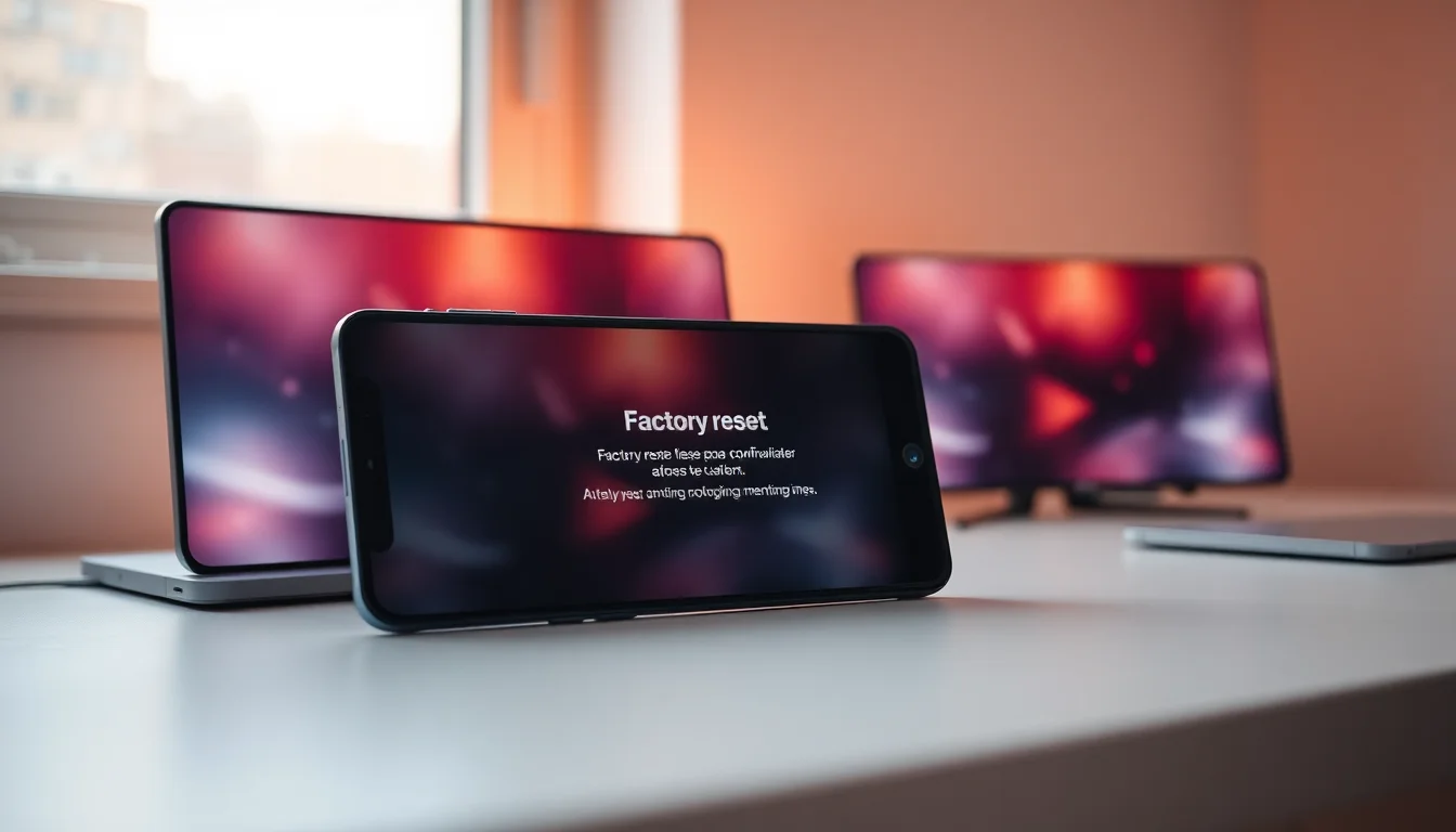 Oppo Reno 12 smartphone showing factory reset settings screen on a clean modern desk with soft side lighting