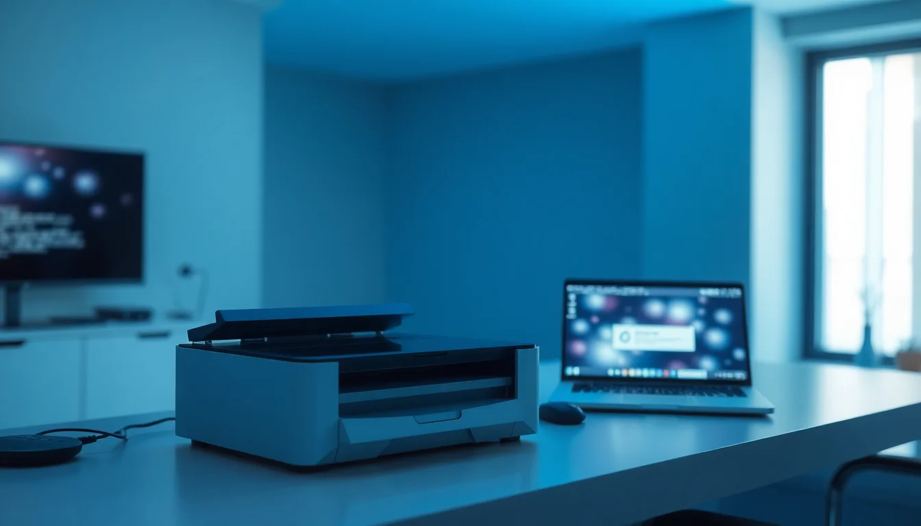 Close-up of a flatbed scanner on a modern office desk with Windows 10 error message displayed on laptop screen beside it, cool blue task lighting from overhead, professional focused atmosphere