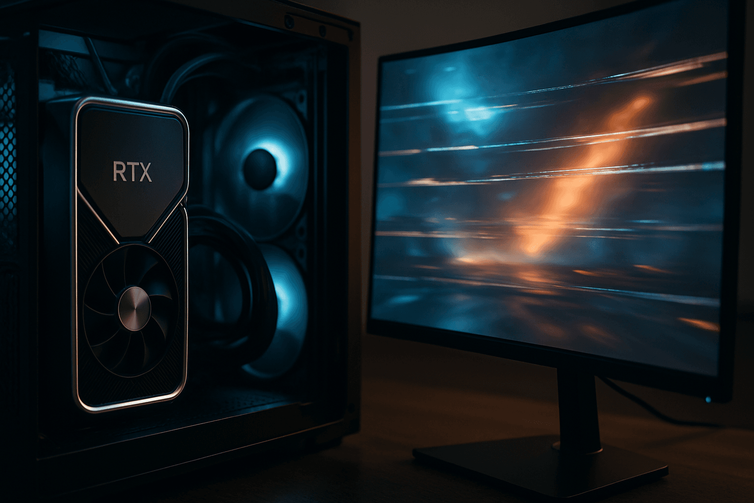 NVIDIA GeForce RTX graphics card showing frame synchronization display with horizontal tear lines visible on gaming monitor in modern gaming setup