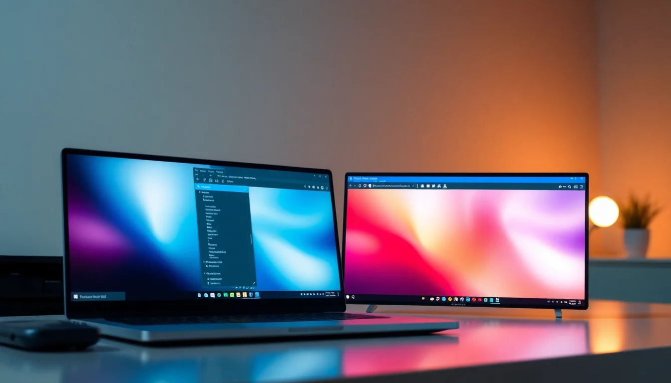 Windows laptop on a modern desk displaying multiple screen recording tool interfaces side by side in a comparison layout